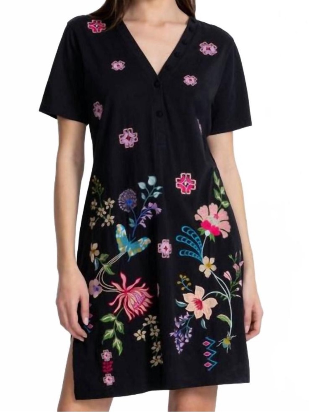 Johnny Was Black Mini Dress with Multicolor Floral & Bird Embroidery